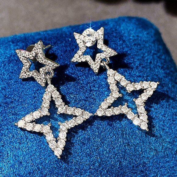🔥 925 Silver Plated CZ Star Shaped Shiny Bridal Earring for Women, HA4542 - Picture 1 of 7